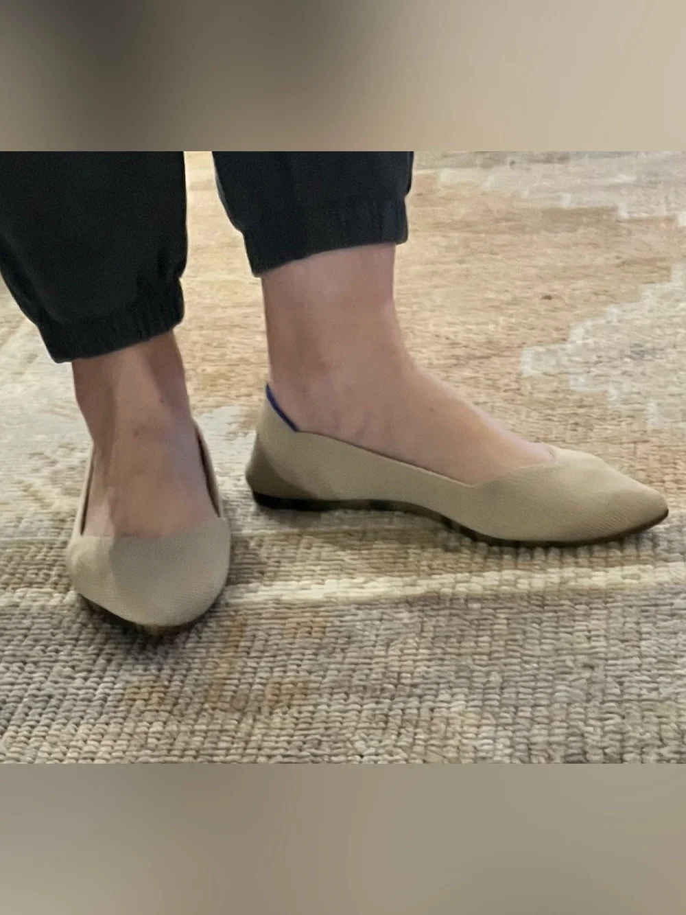 Rothy's Beige Pointed Ballet Flats with Navy Trim - Picture 1 of 4
